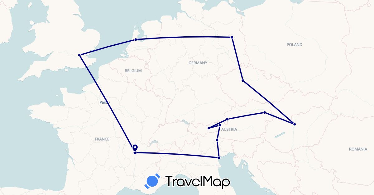 TravelMap itinerary: driving in Austria, Czech Republic, Germany, France, United Kingdom, Hungary, Italy, Netherlands (Europe)
